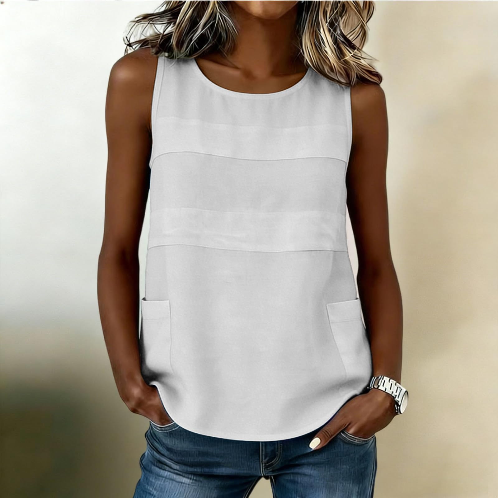 

Ladies Casual And Fashionable Stand Up Collar Sleeveless Shirt With Button Pocket Top XL білий