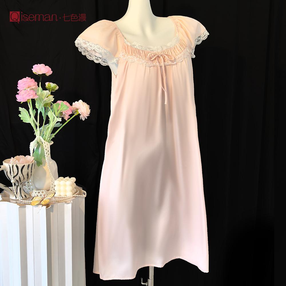 Girly lace short-sleeved nightgown women's summer with chest pad pure desire wind loungewear women's imitation silk ice silk pajamas women's summer
