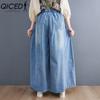 QICED Summer Jeans Long Trousers Plus Size Women Elastic Waist Pants Wide Leg Pants Loose Casual Denim Women Casual Pants Plus Size Trousers