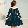 Girls Furry Trim High Neck Long Sleeve Printed Tie Waist A Line Flared Dress