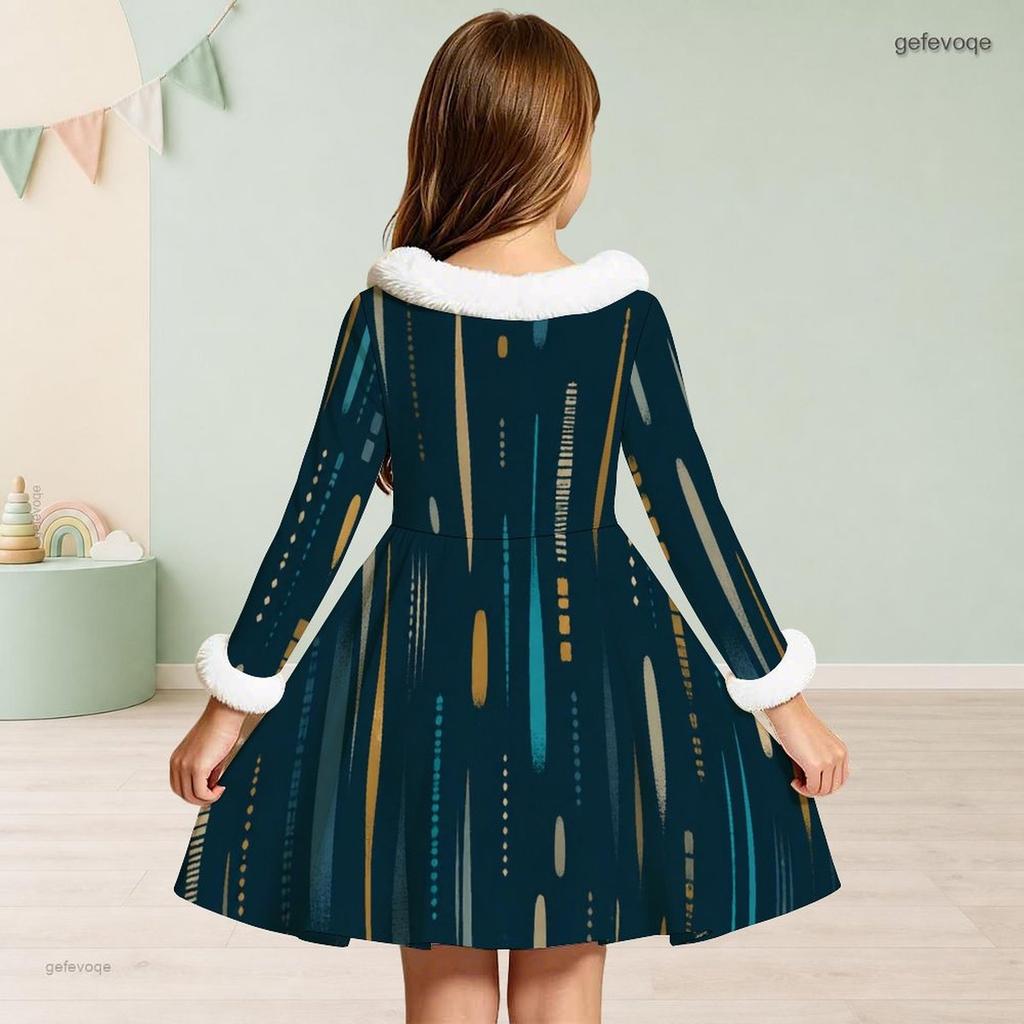 Girls Furry Trim High Neck Long Sleeve Printed Tie Waist A Line Flared Dress
