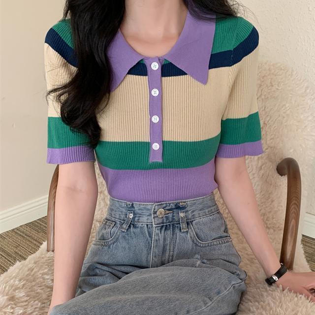 Větrný studentský super horký barevný pletený svetr s POLO límcem nadměrné velikosti dámské letní tričko s krátkým rukávem