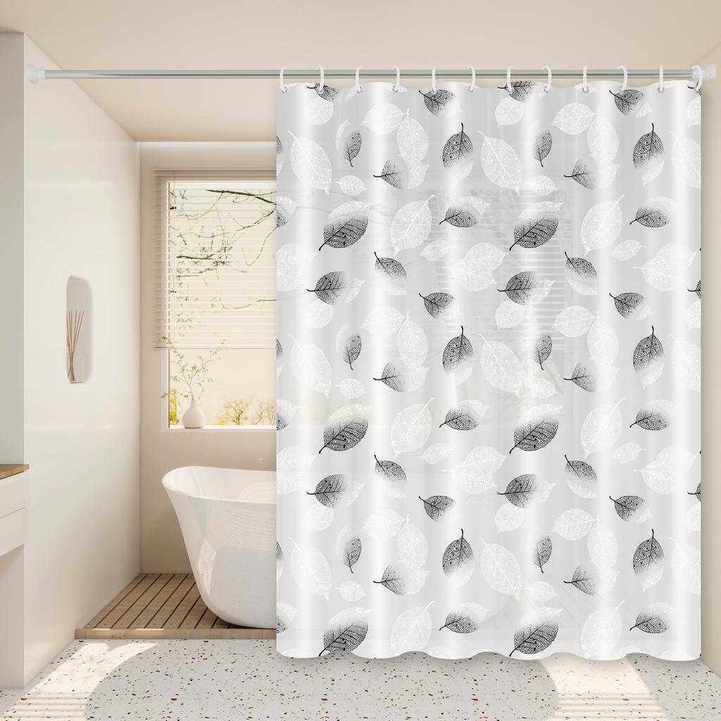 Fresh Leaves Black And White Style Shower Curtain, Minimalist Nordic Bathroom Partition Curtain, Artistic Bathroom Space Decoration Curtain