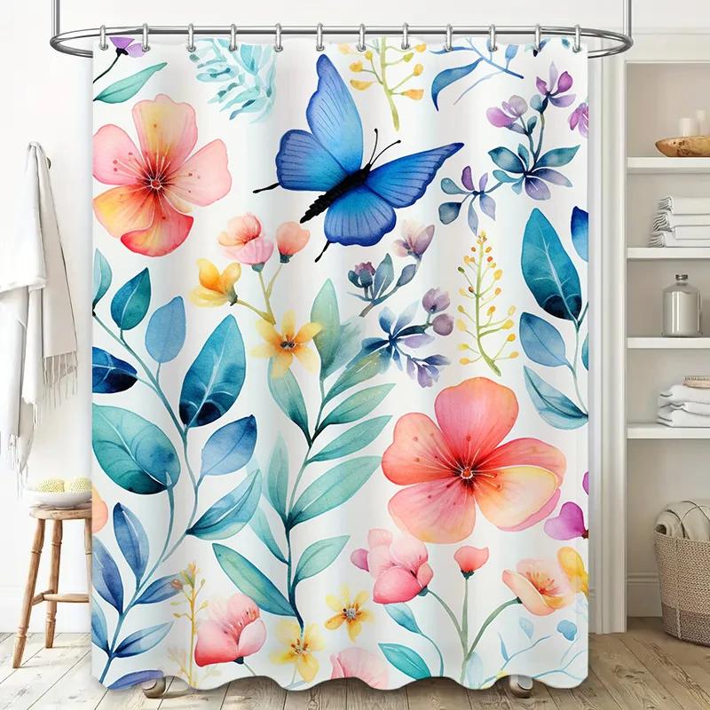 Beautiful Watercolor Flowers Shower Curtain Polyester Fabric with Blue Butterfly Design for Bathroom Decorations Multicolor ShOW