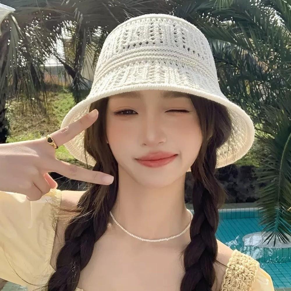 Wide Brim Fisherman Hat Knitted Hollow Beach Cap Fashion Bucket Hat Summer