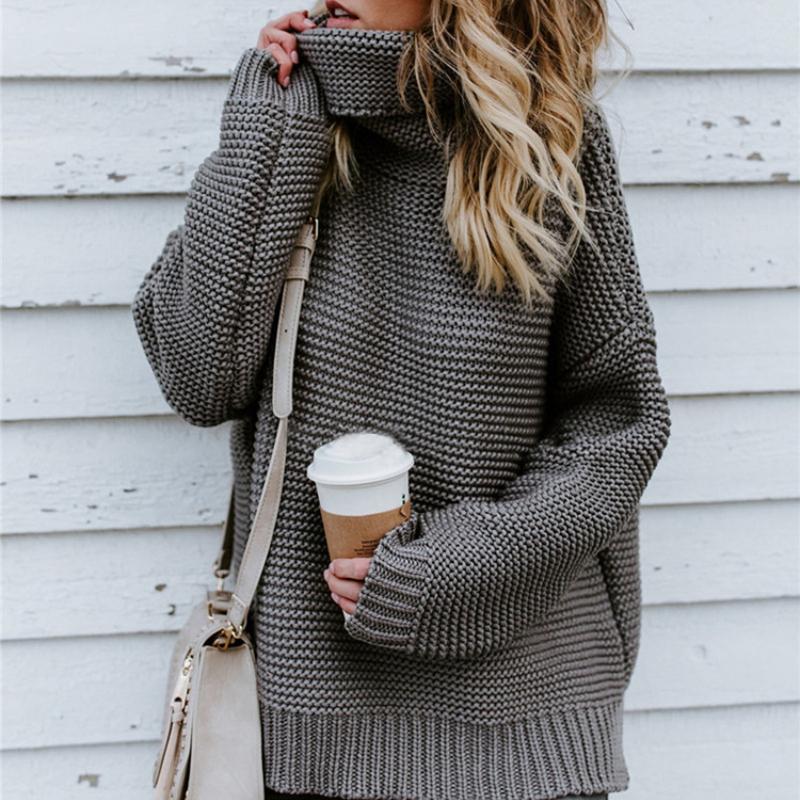 

Свободный однотонный свитер с высоким воротом для женщин, осень-зима, утолщенные вязаные топы, женские модные теплые вязаные свитера XL серый