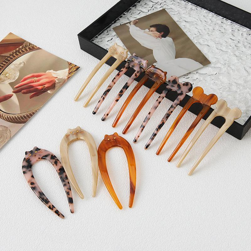 French Retro Cat U-Shaped Hairpin: Large, Elegant Acetate for Women