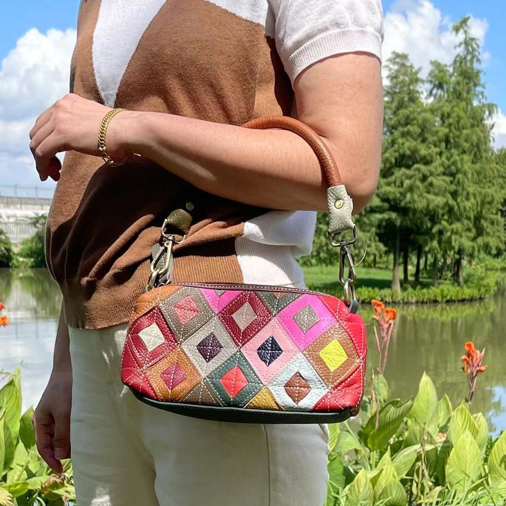 Fashion Leather Women'S Bags, Armpit Bags, Colorful Leather Plaid Bags, Splicing Mobile Phone Bags, Portable Messenger Bags