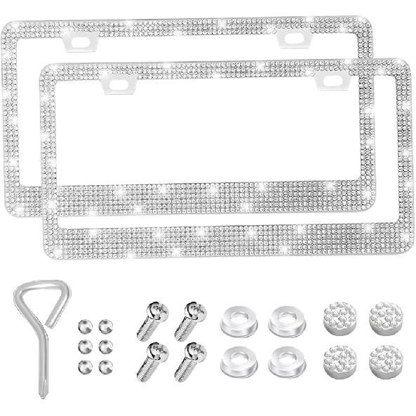 Bling Car License Plate Frame, 2PCS Crystal Sparkly Rhinestone Stainless Steel Vehicle License Plate Holder for Women Girl, Diamond Automotive