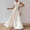 Women's White Sleeveless V Neck Maxi Dress with Pleated Skirt, Leisure Style