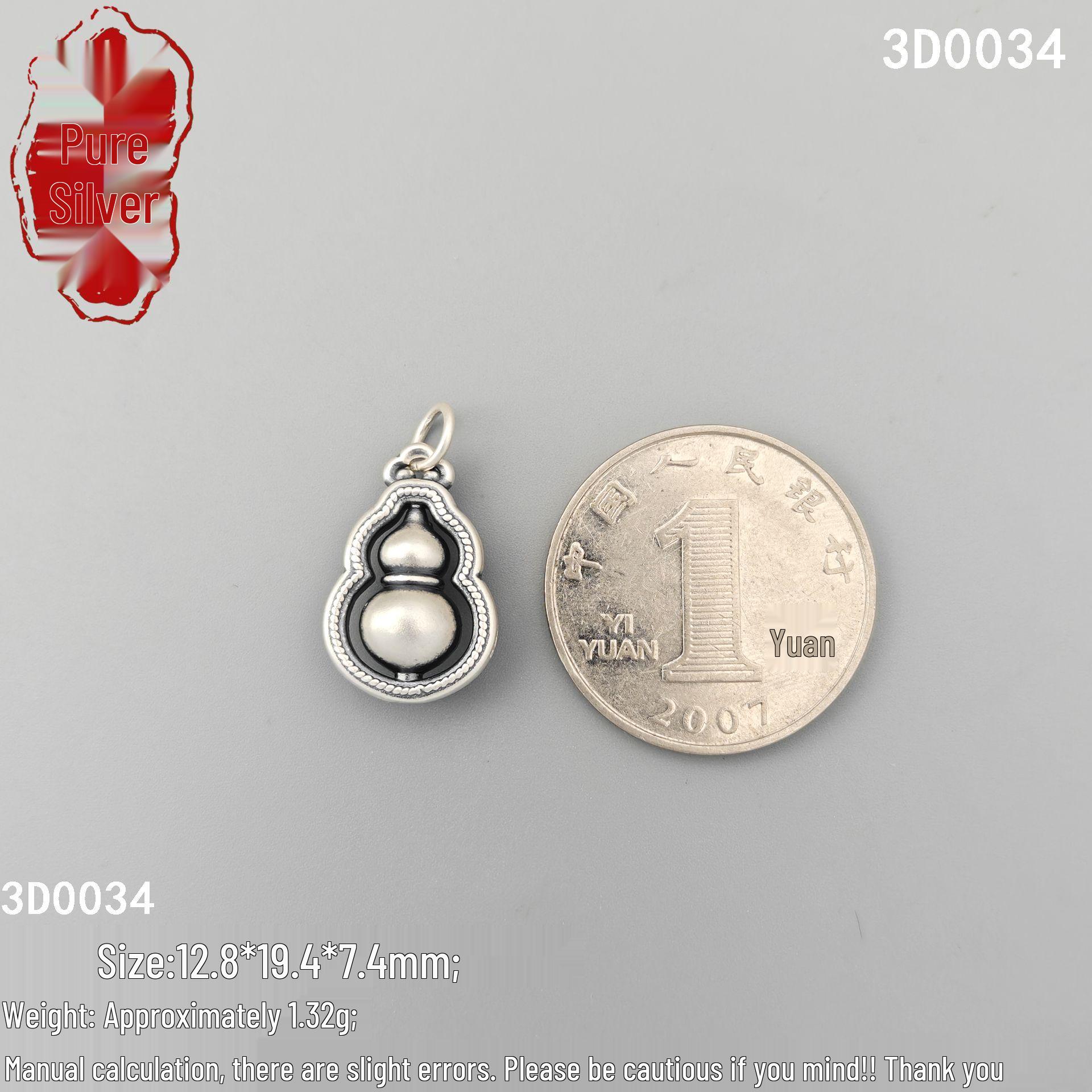 S999 Sterling Silver Retro 3D Thai Gourd Charm Pendant Bead