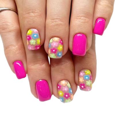 24x Bunte Blumen Vollabdeckung Falsche Nägel Einfarbige Press-On Nägel Kurze Quadratische Stick-On Nägel Glänzende Acryl Nägel
