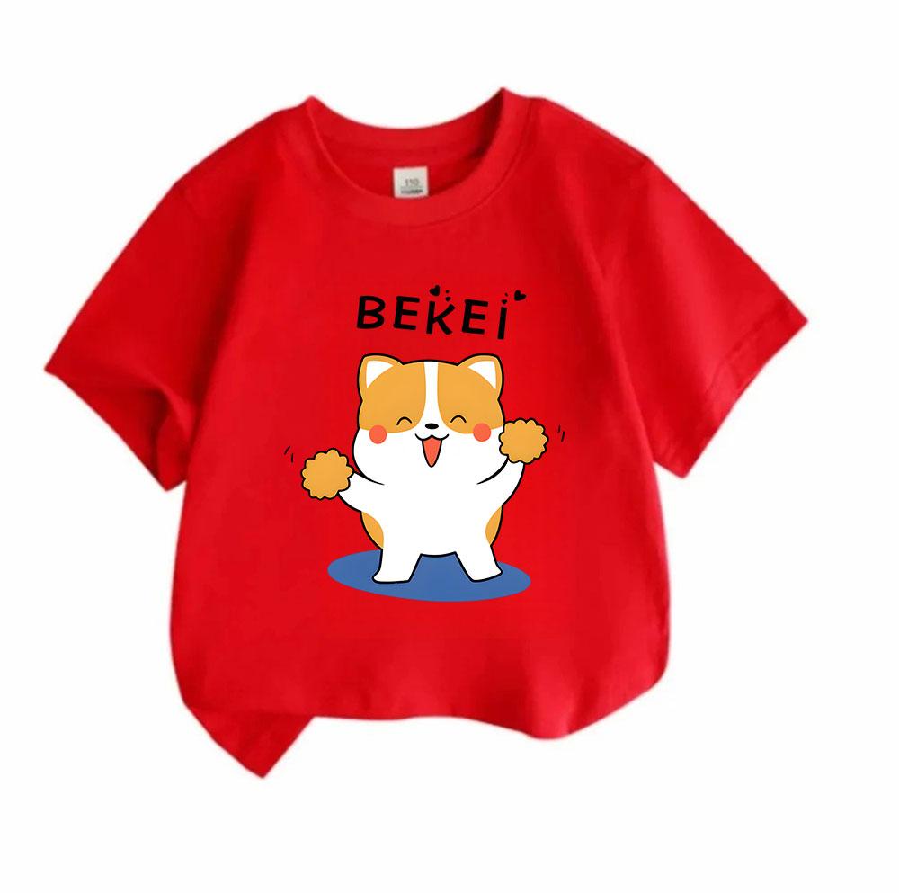 Cute Cheering Corgi Graphic Kids 100% Cotton T-Shirt, Unisex Boys Girls Round Neck Short Sleeve Casual Soft Tee for Daily Wear Cheerful Animal Pattern