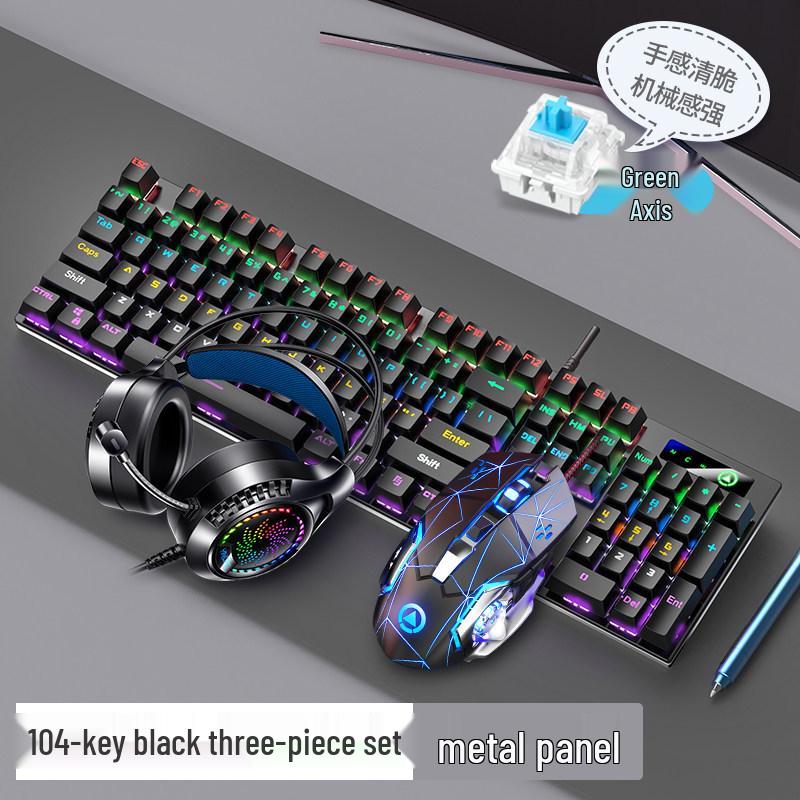 87/104-Key Mechanical Gaming Set: Silver Carving Keyboard (Blue/Black Axis), Mouse, Headset for E-Sports & Office Use