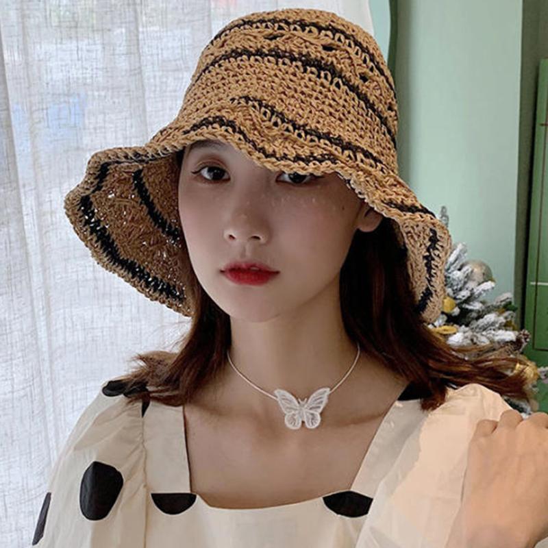 Striped Geometric Print Natural Straw Bucket Hats For Women Foldable Lightweight Sun Hatstravel & Vacation Essential