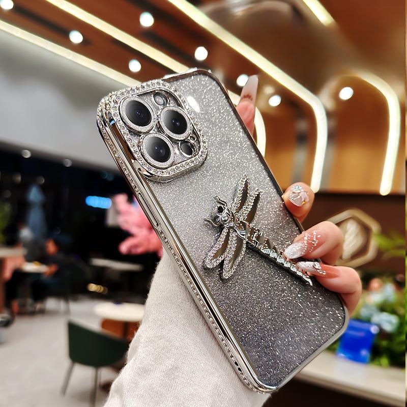 Applicable To Apple 16 Dragonfly Bracket Mobile Case Rhinestone IPhone 15 Glitter Powder 14proMax Anti-fall Protector XR