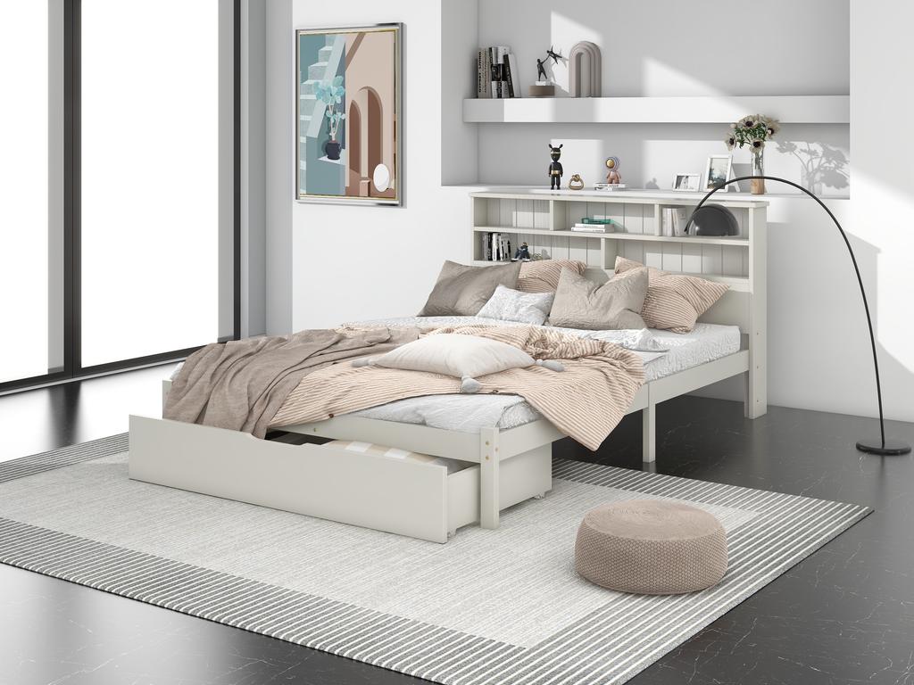 Massivholz Doppelbett mit Schubladen und Lattenrost, Bücherregal Jugend und Erwachsenen Kinderbett, 140x200cm Weiß