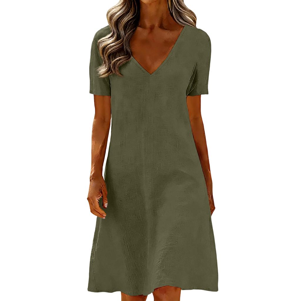 Women's  Color Casual Fashion Short Sleeved V-neck Dress