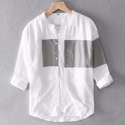Camisa Dropshipping Manga Tres Cuartos Abotonada Verano Color de Costura Solapa Camisa de Hombre Uso Diario