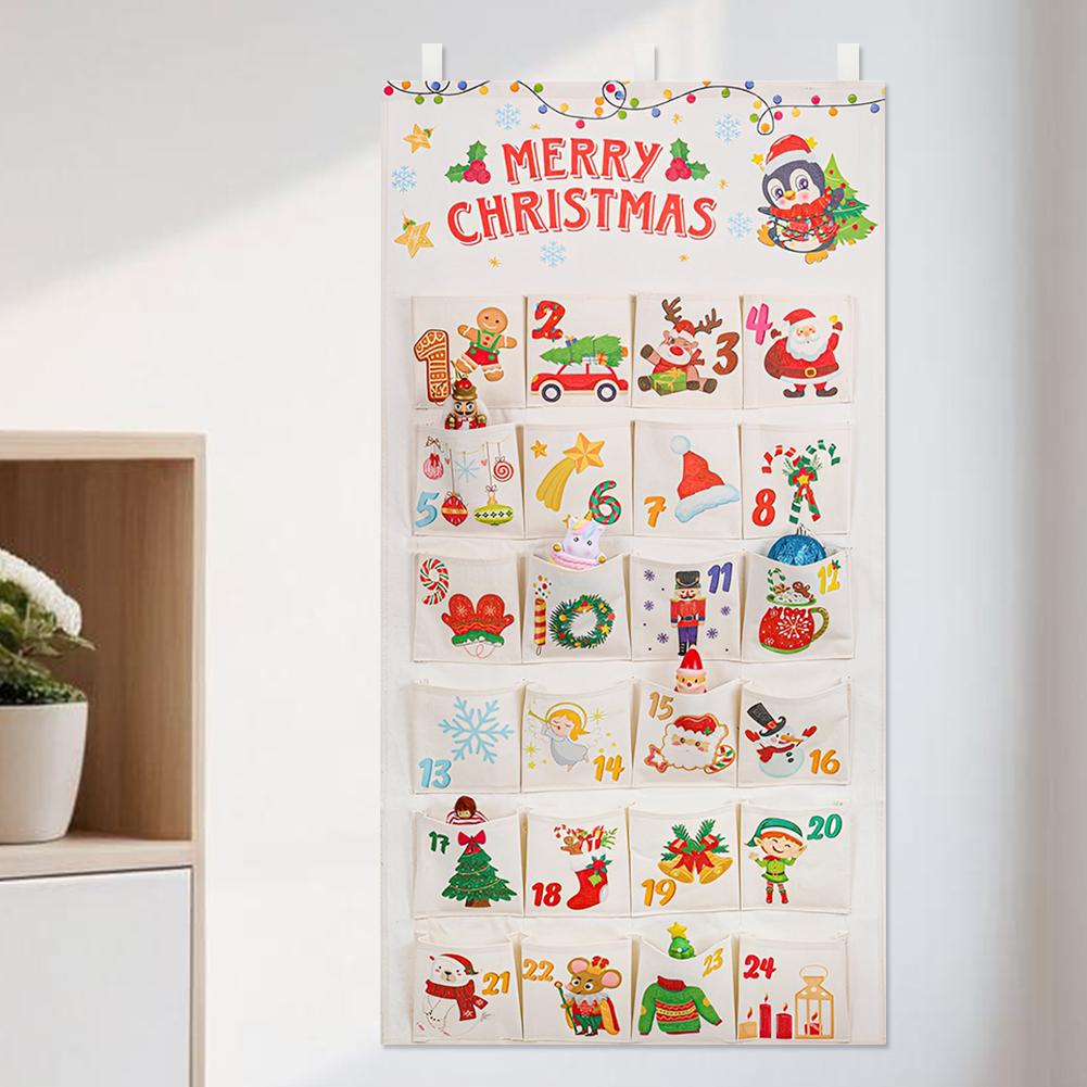 Stoff Weihnachts-Adventskalender Weihnachts-Wanddekoration Wiederverwendbare Wandbehang-Ornamente mit 24 Taschen für Feiertags-Heimdekor
