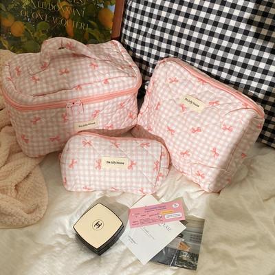 Girly Plaid Bow Makeup Bag - Large Capacity & Portable Handbag for Skincare Storage
