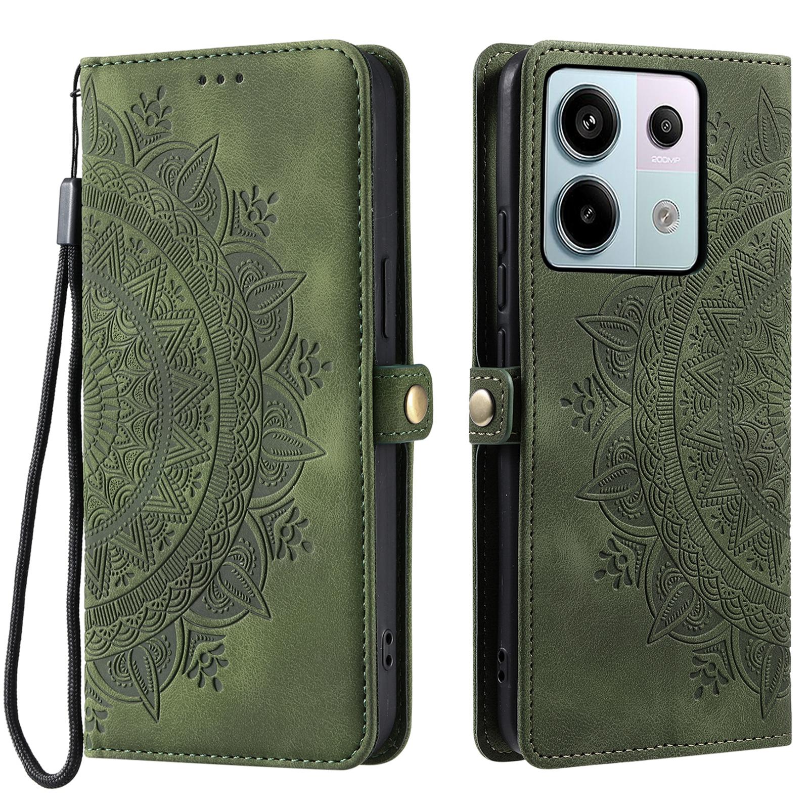 

Style 016 For Xiaomi Poco X6 5G/Redmi Note 13 Pro 5G Case Skin Feel Totem Imprinted Wallet Leather Phone Cover Blackish Green