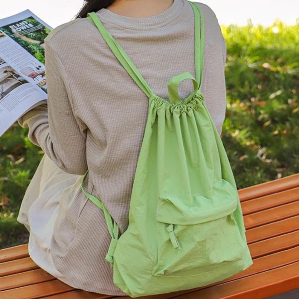 Portable Nylon Drawstring Backpack Large Capacity Solid Color Shoulders Backpack Casual Small Gym Bag