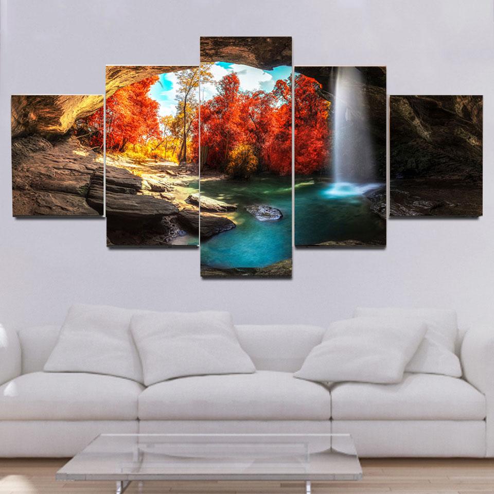 5 Panels Landscape Moonlight Waterfall In Autumn Forest Canvas Painting Posters and Prints Wall Art Pictures Home Decor No Frame