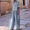 VONDA Women Lapel Neck Long Sleeve Plaid Casual Long Jumpsuits Overalls