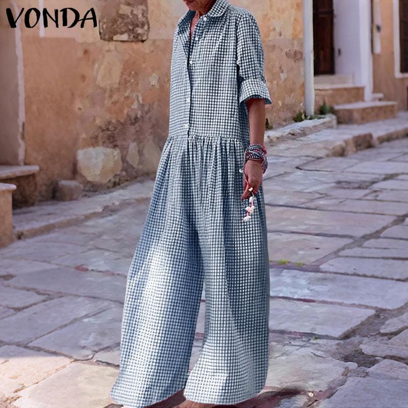 VONDA Women Lapel Neck Long Sleeve Plaid Casual Long Jumpsuits Overalls