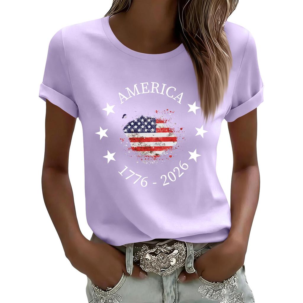 Women's Casual Printed T-Shirt Round Neck Pullover Short Sleeve Top