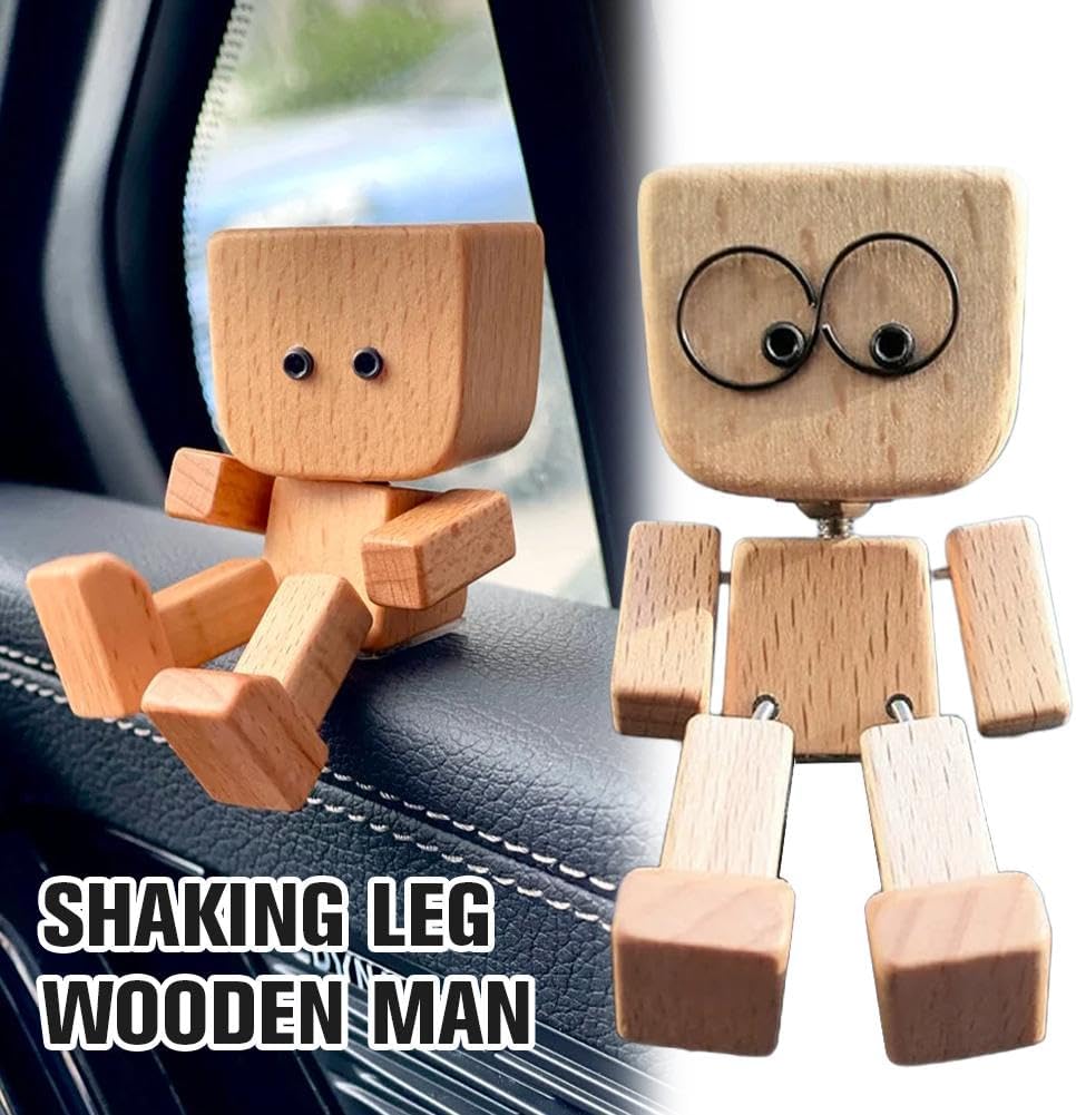 Shaking Wooden Man,Shaking Wooden Man Figurine for Car Dashboard, Handmade Shak Feet Woodens Doll,Funny Cars Ornaments with12PCS Magnetic Expressions
