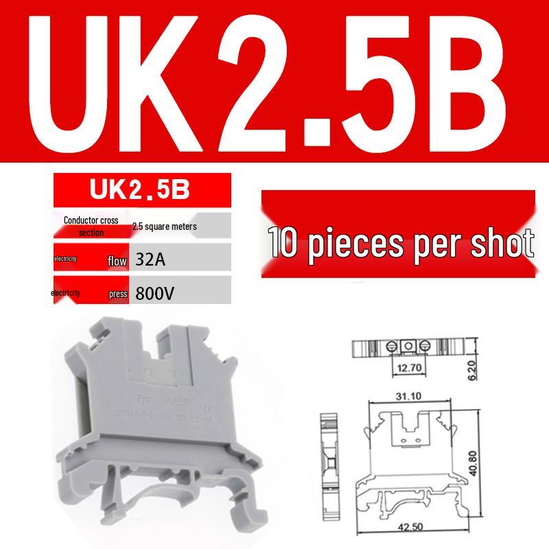 UK 2.5B/5/6/10N Rail Mount Terminal Block with Non-Stripping Screw Clip