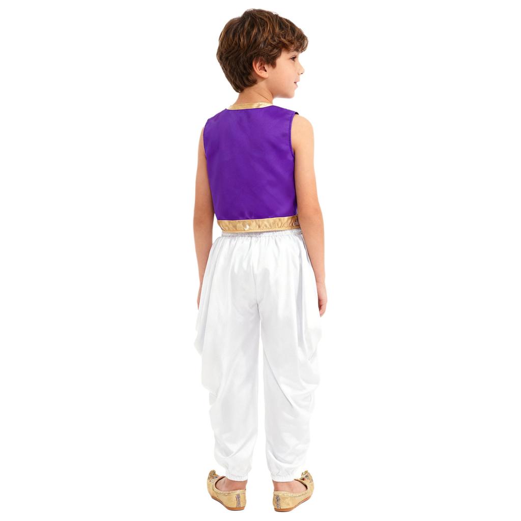 Dětský arabský cosplay kostým Sada Volná vesta Saténové dhoti kalhoty Elastický pas Široké kalhoty Halloweenský převlek
