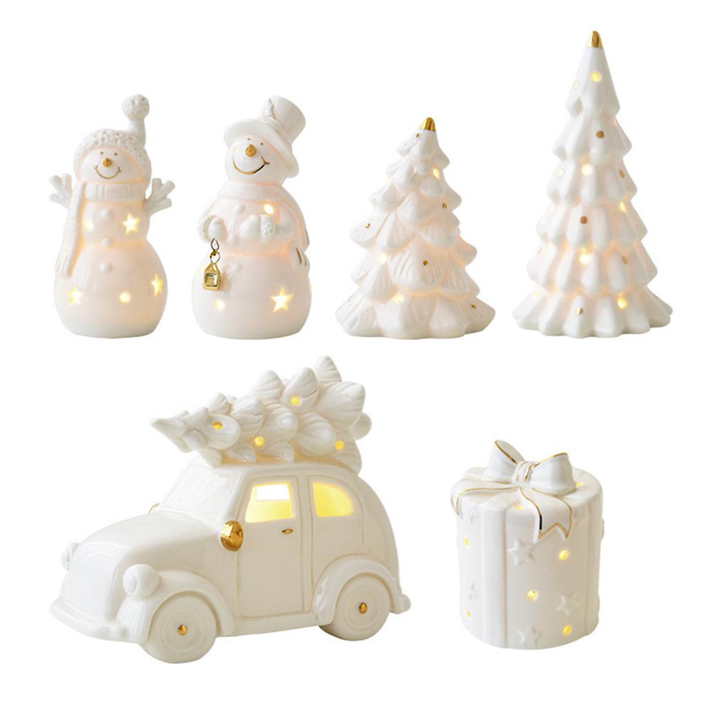 Keramický výřez Sněhulák Auto Vánoční stromek Ozdoba s LED rozsvícením Dekorace Pro Domov Kancelář Stolní Slavnostní Dárek