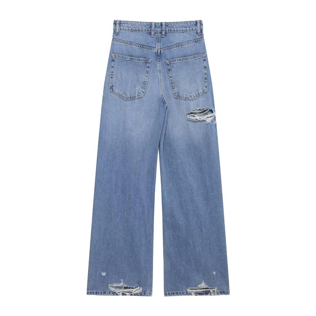 2025 Spring Women's European-American Ripped Loose Mid-Waist Jeans