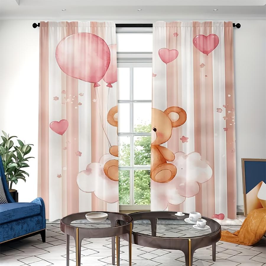 2PCS Digital Printed Curtains with Sweetheart Bear Design, Stylish Window Drapes for Living Room Bedroom Home Decoration