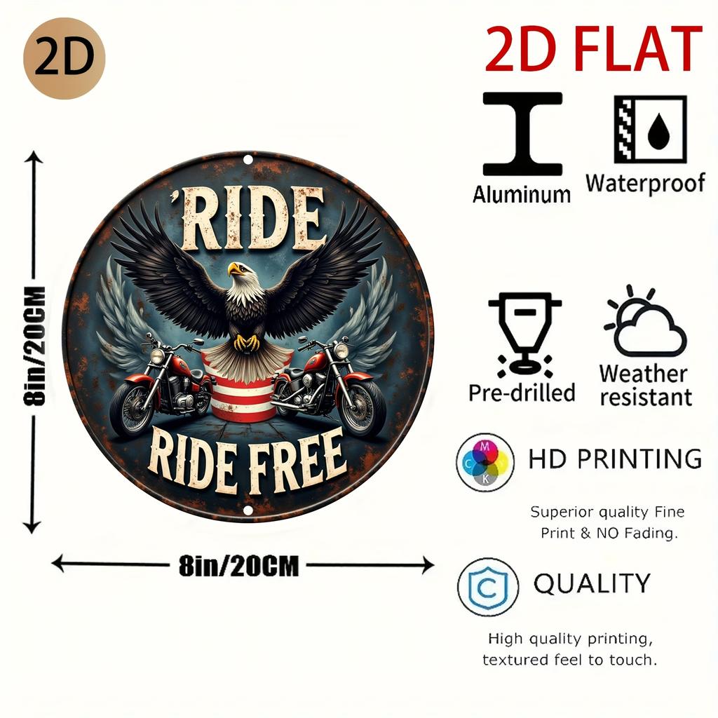 Hisun Tin Sign HD Aluminum Metal Sign Ride Ride Free Round Wall Decor Retro Bald Eagle Motorcycle Design Tin Poster for Home Garage Man Cave