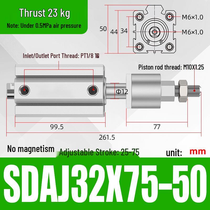 Adjustable Stroke Pneumatic Thin Cylinder - Piston Rod Sizes: 16/20/25/32/40/63