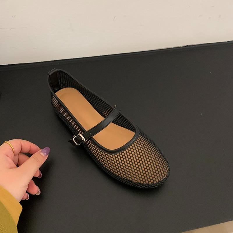 Fashion Mesh Hollow Breathable Single Shoes New Round Toe Shallow Mouth One Buckle Soft Sole Flat Shoes for Women in Spring and Summer