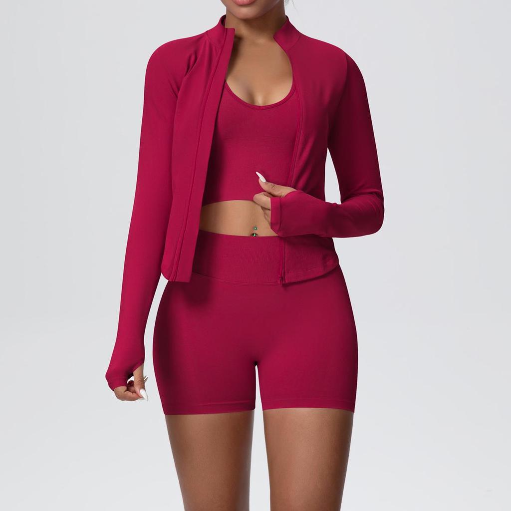 Women's European & American Sports Casual Three-Piece Set: Knitted Long Sleeve Zipper Jacket, Sports Vest, & Shorts Fitness Wear.