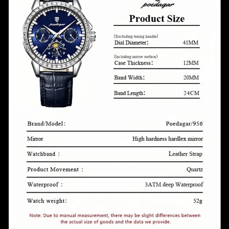 Herren-Quarzuhr mit Diamantenbesatz, Drei-Augen-Sechs-Zeiger-Mondphasen-Zifferblatt, Wasserdichte Herrenuhr mit Leuchtzeigern für Business und Freizeit, Geschenk für die Feiertage