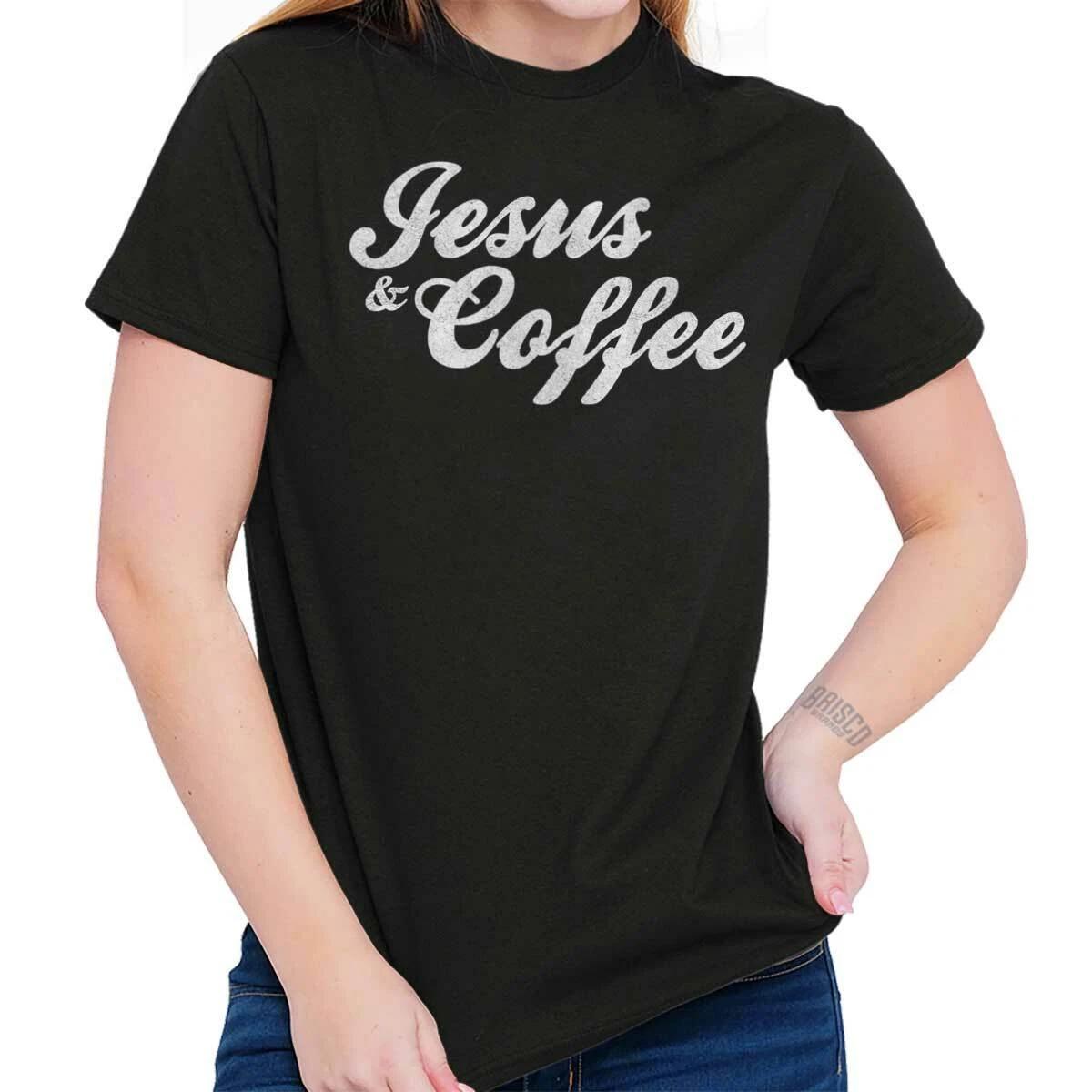 Cute Christian Faith Jesus Christ and Coffee Womens Graphic Crewneck T Shirt Tee S