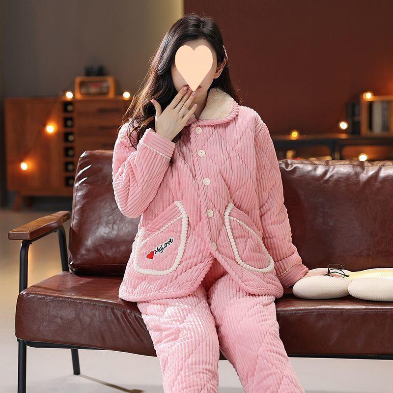 Dámské pyžamo třívrstvé zesílené a roztomilé zimní lze nosit velká velikost teplé polstrované domácí oblečení