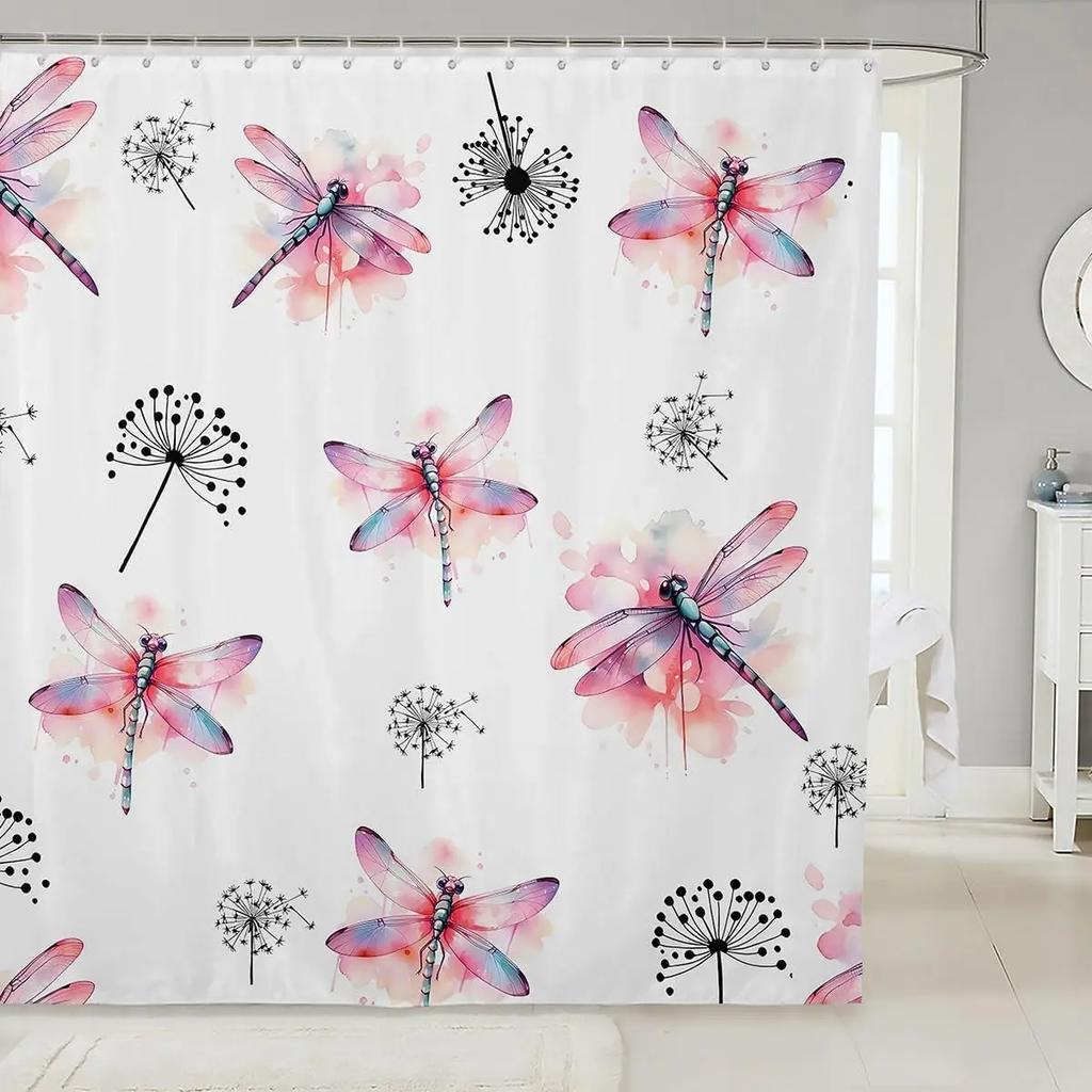 Dragonfly Watercolour Shower Curtain Dandelion Lavender Flower Polyester Fabric Home Art Bath Curtains Bathroom Decor with Hooks
