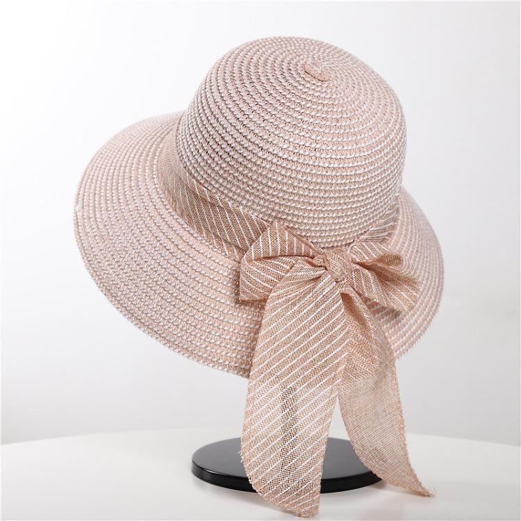 Fashionable Summer Sun Shading Women's Beach Hat Linen Ribbon Basin Hat Sun Protection Fisherman Straw Hat