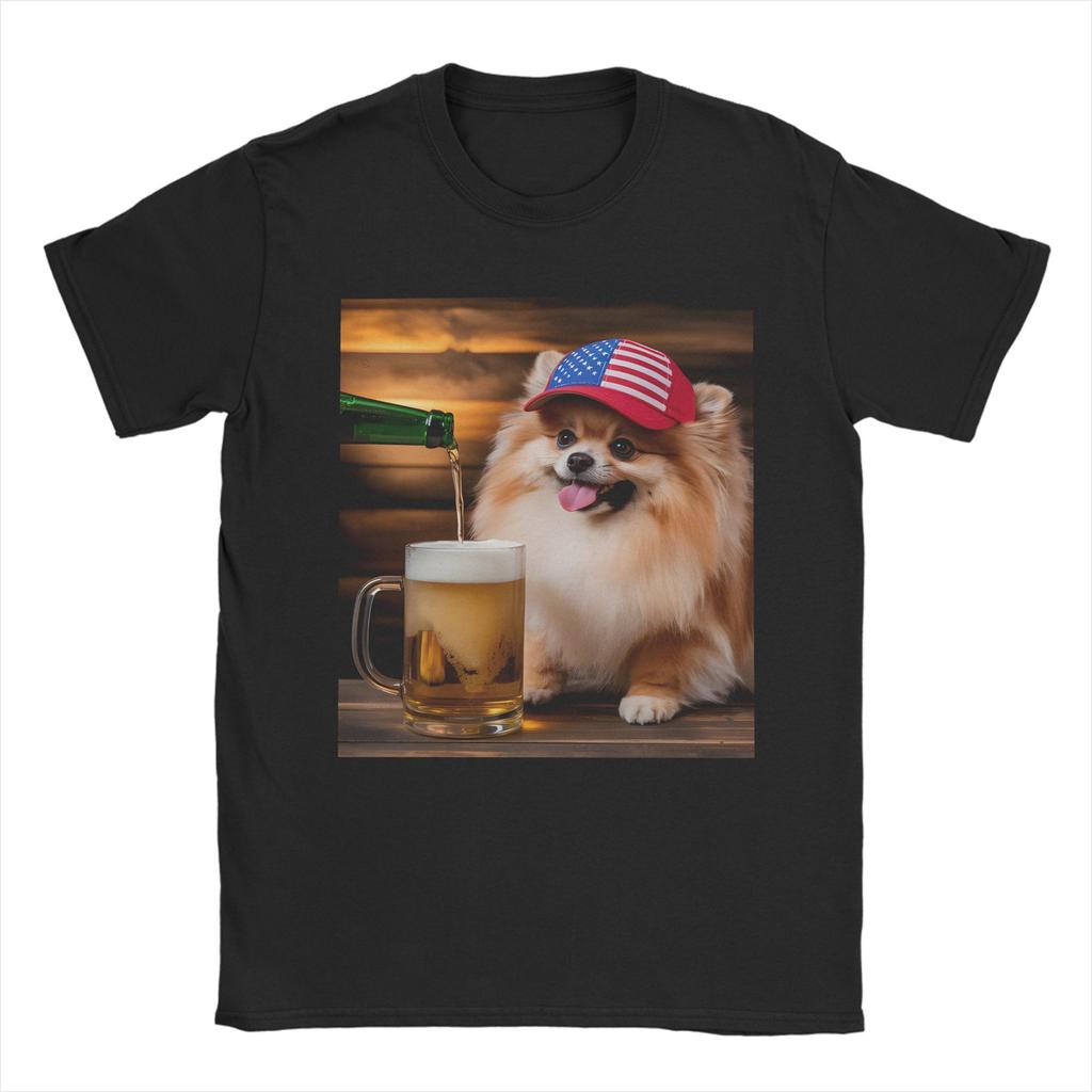 Unisex Unisex T-Shirt Lustiger Patriotischer Zwergspitz Hund Trinkt Bier Amerikanische Reine Baumwolle T-Shirts Rundhals Kleidung Große Größen