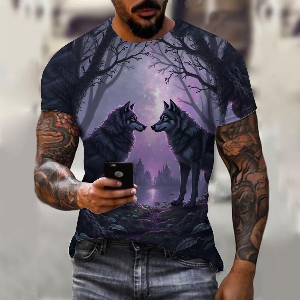 PLUS-size 3D Wolf Beast Print Men and Women Casual Short-sleeved T-shirt Round Neck Fashion Trend Cool Men's Daily New Clothing