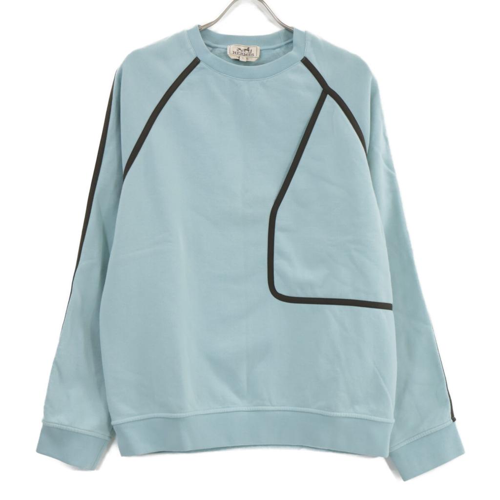 HERMES 21AW Light Blue Cotton Herringbone Piping Fleece-Lined Crew Neck Sweatshirt Pullover tops L blueUsed