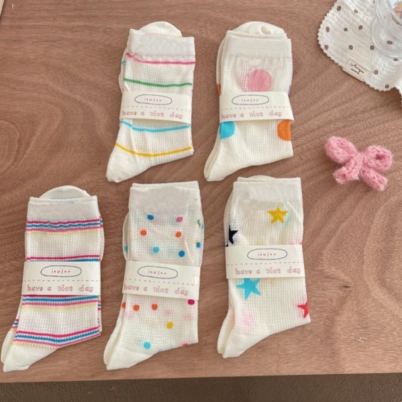 Girls Colorful Polka Dot Striped Socks Kids Mid Calf Socks Ins Trendy Pure Cotton Summer Thin Mesh Breathable Long Spring Summer